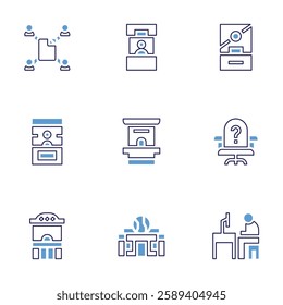 Office icon set. Bold line style. Duotone colors. Editable stroke. shared, ticket office, office, office chair.