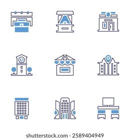 Office icon set. Bold line style. Duotone colors. Editable stroke. police station, government building, office desk, ticket office, office, town hall, building.