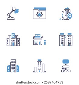 Office icon set. Bold line style. Duotone colors. Editable stroke. lamp, folder, office, tax, office chair, post office, building.