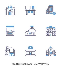 Office icon set. Bold line style. Duotone colors. Editable stroke. office, ticket office, post office, block.