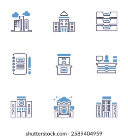 Office icon set. Bold line style. Duotone colors. Editable stroke. desk, ticket office, office material, inbox, city hall, architectonic, news, city building, buildings.