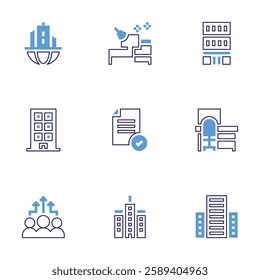 Office icon set. Bold line style. Duotone colors. Editable stroke. building, office, headquarters, block, file, benefits, workplace.