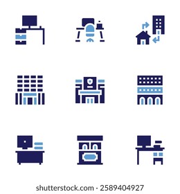 Office icon set. Bold style. Duotone colors. desk, telecommuting, office, police station, ticket office, office table.