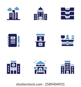 Office icon set. Bold style. Duotone colors. desk, ticket office, office material, inbox, city hall, architectonic, news, city building, buildings.