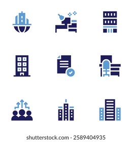 Office icon set. Bold style. Duotone colors. building, office, headquarters, block, file, benefits, workplace.