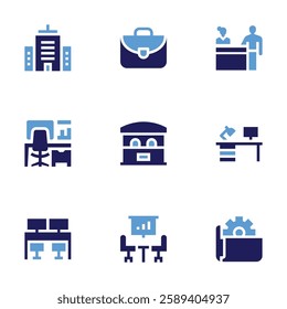 Office icon set. Bold style. Duotone colors. briefcase, corporate, workplace, ticket office, in person, coworking, meeting room, desk, folder.