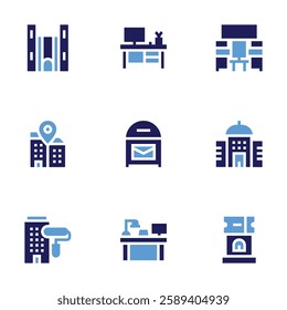 Office icon set. Bold style. Duotone colors. architectonic, desk, office, post office, maintenance, meeting room, ticket office.