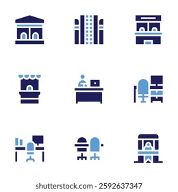 Office icon set. Bold style. Duotone colors. desk, ticket office, office chair, office, desk, building.