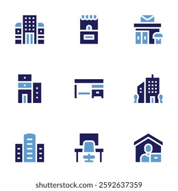 Office icon set. Bold style. Duotone colors. workplace, building, work from home, ticket office, post office, office building, desk.