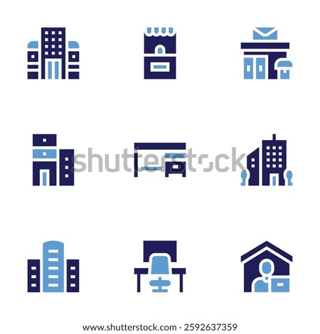 Office icon set. Bold style. Duotone colors. workplace, building, work from home, ticket office, post office, office building, desk.