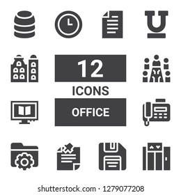 office icon set. Collection of 12 filled office icons included Elevator, Floppy disk, Note, Folder, Fax, Computer, Meeting, Time, Underline, Building, Training, Paper