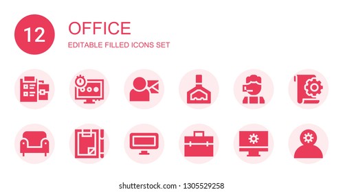 office icon set. Collection of 12 filled office icons included Notepad, Computer, Email, Holder, Call center, Armchair, Forms, Briefcase, File, Employee