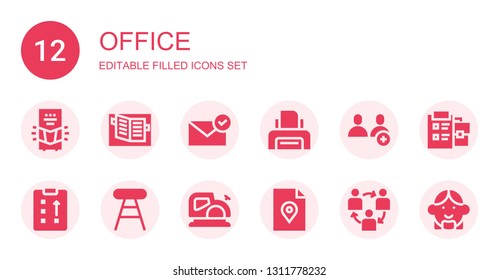 office icon set. Collection of 12 filled office icons included Personal computer, Notebook, Email, Printer, Users, Strategy, Stool, Planer, File, Teamwork, Notepad, Avatar