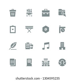 office icon set. Collection of 16 filled office icons included User, Building, Door, Check list, Note, Notepad, Write, Clock, Arroba, Keyboard, Test, Folder, Briefcase, Trash