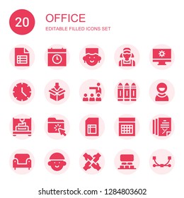 office icon set. Collection of 20 filled office icons included File, Time, Avatar, Clerk, Computer, Clock, Packing, Meeting, Crayon, User, Printing, Folder, Sheet, Calculator