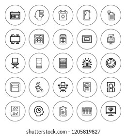 Office icon set. collection of 25 outline office icons with armchair, calendar, chair, clock, calculator, computer, curriculum, cutting, desk chair icons. editable icons.