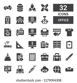 office icon set. Collection of 32 filled office icons included Desk, Customer service, Email, Pen, Paper clip, Projector, Briefcase, Calculator, File, Building, Test, Drawers