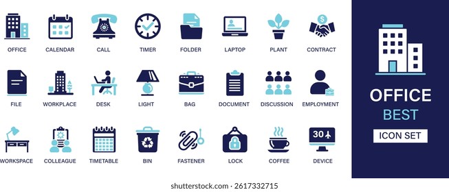 Office icon set collection. Calendar, call, timer, folder, laptop, plant, contract, file, workplace, desk, light, bag, document, employment and best solid icon set.