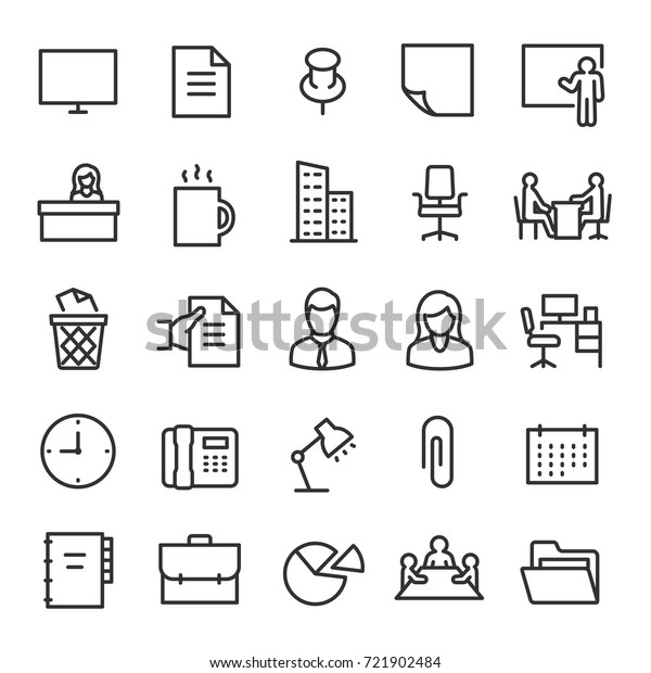 Office, icon set. Collection of icons on the theme of
work and business. Workplace attributes. Lines with editable
stroke. Isolated vector

