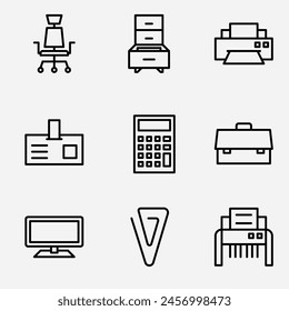 Office-Symbolsatz. Kollektion von Linear Simple Web Icon Bürostuhl, Abrechnungsschrank, Drucker, DI-Karte, Taschenrechner, Aktentasche, Monitor, Clip, Papierschneider. Strich der bearbeitbaren Vektorgrafik.