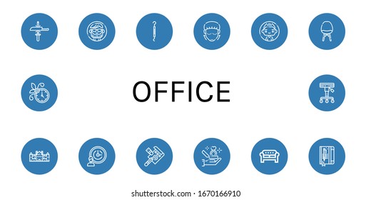 office icon set. Collection of Sharpening, Man, Scraper, Lifting, Chair, Palace, Support services, Draft, Proposal, Sofa, Notebook, Wall clock, Stool icons
