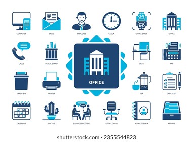 Conjunto de iconos de Office. Ordenador, Escritorio, Espacio de oficina, Impresora, Reloj, Archivo, Soporte para lápiz, Libreta de direcciones. Iconos sólidos de color Duotone