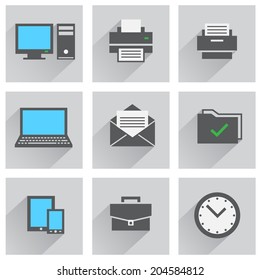 The office icon set, computer printer watch tablet smartphone folder mail