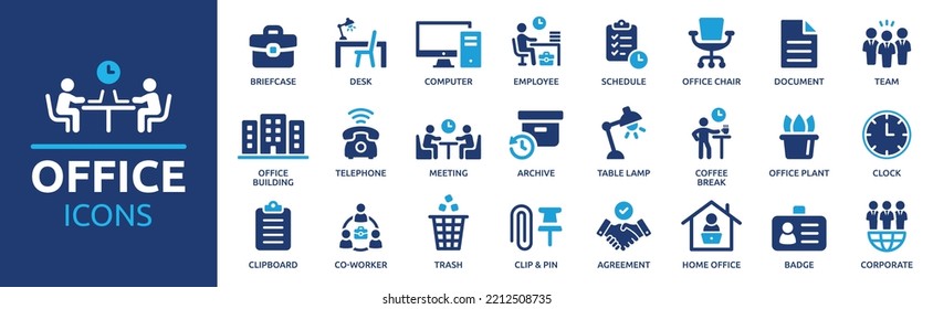 Office icon set. Containing briefcase, desk, computer, meeting, employee, schedule and co-worker symbol. Solid workspace icons vector collection.