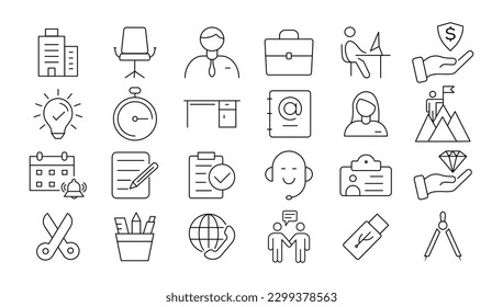 Office icon set. Containing briefcase, desk, computer, meeting, employee, schedule and co-worker symbol. Solid workspace icons vector collection.
