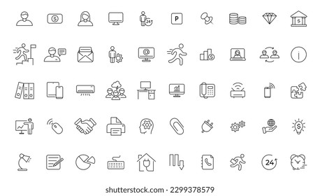 Office icon set. Containing briefcase, desk, computer, meeting, employee, schedule and co-worker symbol. Solid workspace icons vector collection.
