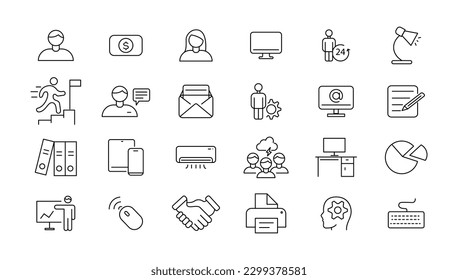 Conjunto de iconos de Office. Contiene maletín, escritorio, computadora, reunión, empleado, agenda y símbolo de compañero de trabajo. Colección vectorial de iconos de área de trabajo sólida.
