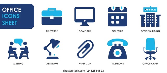 Office icon set. Containing briefcase, desk, computer and so on. Flat office related icons set.