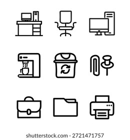 Conjunto de iconos de Office. Contiene maletín, escritorio, computadora, espacio de trabajo, computadora portátil, pizarra blanca, proyector y más. Iconos de línea editables. Ilustración vectorial.