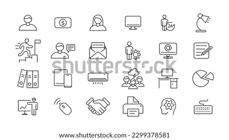 Office icon set. Containing briefcase, desk, computer, meeting, employee, schedule and co-worker symbol. Solid workspace icons vector collection.
