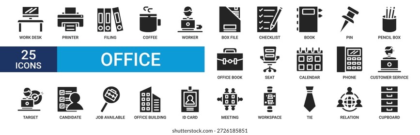 Office-Symbolsatz. Enthaltend Arbeitstisch, Drucker, Ablage, Kaffee, Arbeiter, Box-Datei, Checkliste, Buch und mehr. Sammlung von Glyphenvektorsymbolen.