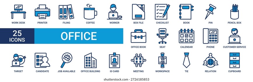 Office icon set. Containing work desk, printer, filing, coffee, worker, box file, checklist, book and more. Blue vector icons collection.