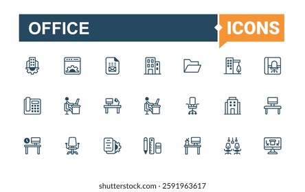 Office icon set. Contains such icons as chair, on, web, teamwork, tea, person, development, employee. Line symbol. Editable vector outline and solid icons.
