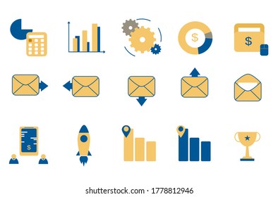Office icon set in dark blue and orange color theme