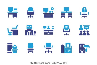 Office icon set. Duotone color. Vector illustration. Containing desk, office chair, work space, office desk, workspace, post office, presentation, workplace, chair, fax, maintenance.