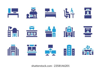 Office icon set. Duotone color. Vector illustration. Containing post office, workplace, ticket, office, chair, branding, town hall.