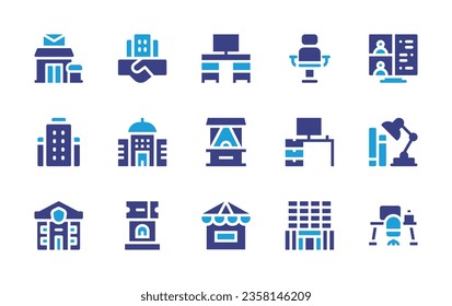 Office icon set. Duotone color. Vector illustration. Containing chair, briefcase, work space, maintenance, government, company, lamp, desk, office material, office.