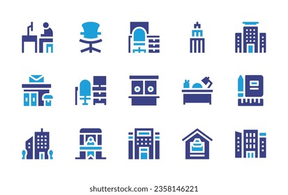 Office icon set. Duotone color. Vector illustration. Containing building, post office, coworking, meeting room, armchair, videoconference, meeting, workplace, deal, office desk.