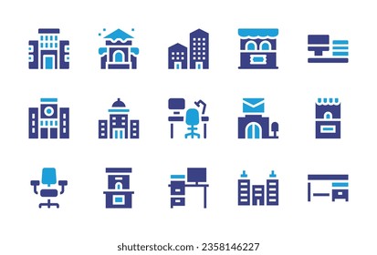 Office icon set. Duotone color. Vector illustration. Containing file, work space, table, desk, tourist, office, ticket, post office, desk, building. 