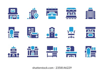 Conjunto de iconos de Office. Color de duotona. Ilustración vectorial. Consta de edificio, oficina, trabajo desde casa, coexistencia, edificio de oficinas, carpeta, arquitectónica, taquilla.