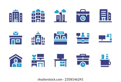 Office icon set. Duotone color. Vector illustration. Containing desk, block, folder, monitor, office, compass, buildings, tax, cabinet.