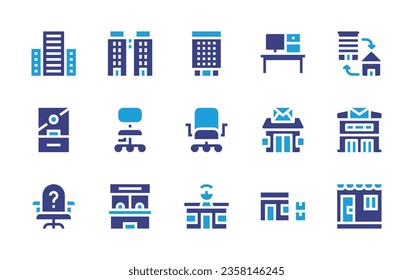 Office icon set. Duotone color. Vector illustration. Containing office chair, office, ticket, home, post office, building.
