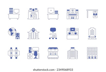 Office icon set. Duotone style line stroke and bold. Vector illustration. Containing overwork, police, station, desk, office, government, building, chair, ticket, meeting, workplace.