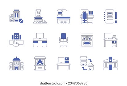 Office icon set. Duotone style line stroke and bold. Vector illustration. Containing office, material, deal, desk, chair, ticket, table, home, tourist.