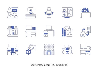 Office icon set. Duotone style line stroke and bold. Vector illustration. Containing presentation, boss, armchair, videoconference, folder, police, station, workplace, desk, table, lamp, telecommuting