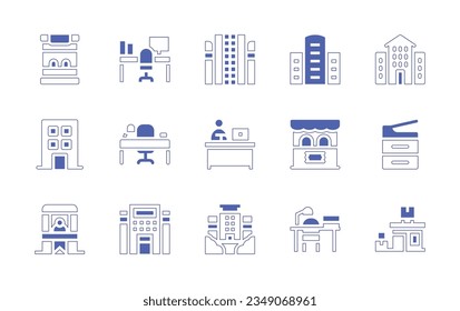 Office icon set. Duotone style line stroke and bold. Vector illustration. Containing ticket, box, desk, office, building, company, table, printer, town.